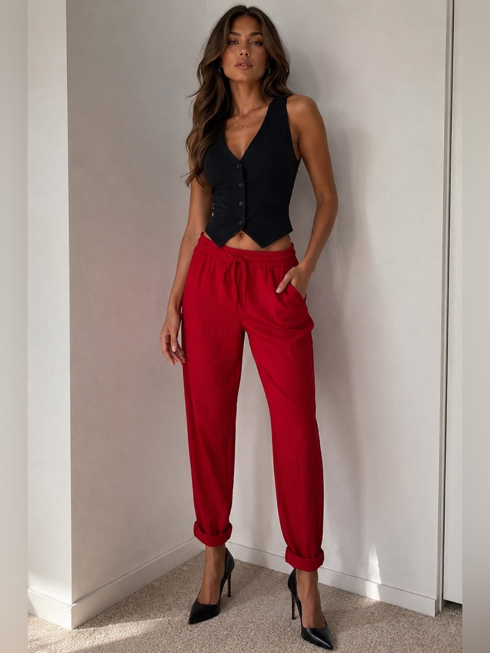 Zara Trafaluc Red Drawstring Tapered Pants Size S